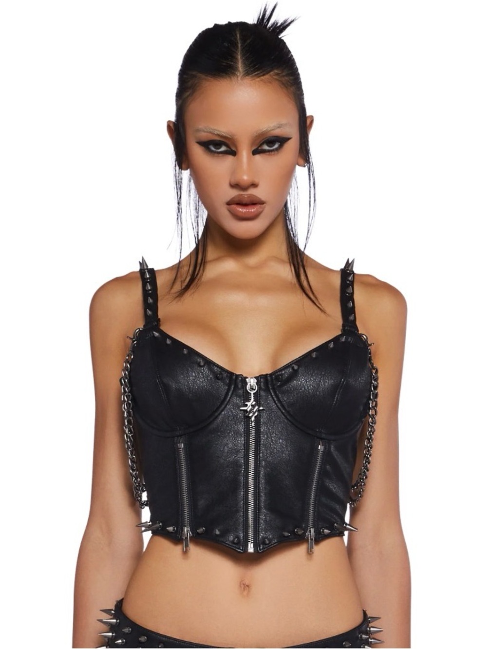 Dolls Kill Black Faux Leather Studded Chain Corset Crop Top
